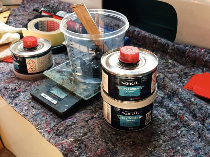   The epoxy filler paste comes in 500 gram containers and is mixed by weight or volume. One container is enough for around 12 metres