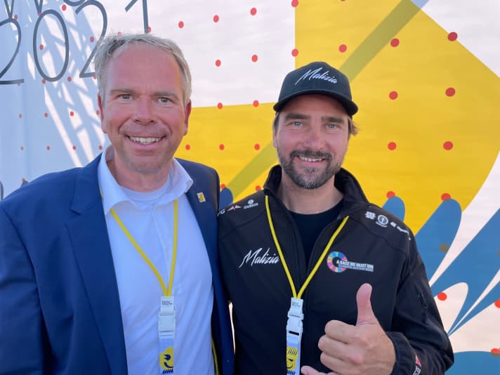   Kieler Woche sports director Dirk Ramhorst and Boris Herrmann at the opening on the first Saturday of the nine-day Kieler Woche.