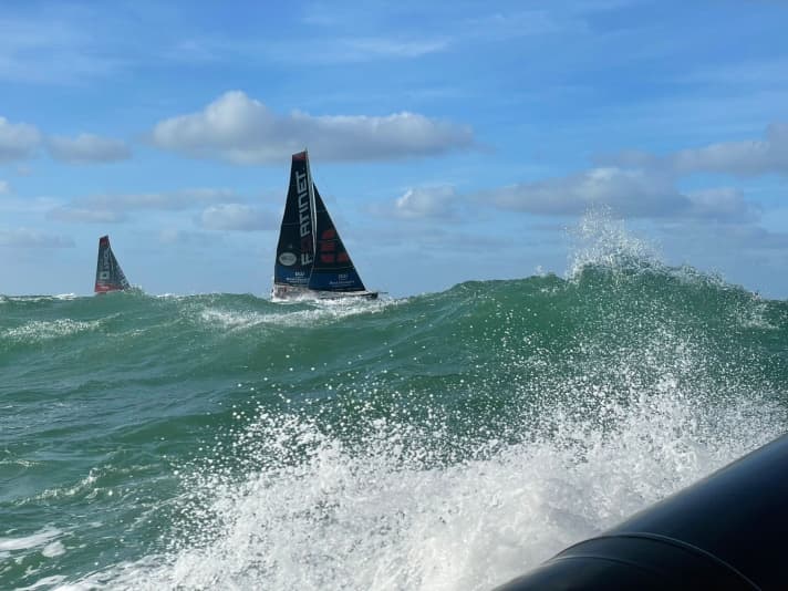   Boris Herrmann's favourite picture on the start day: This shot of the former "Seaexplorer - Yacht Club de Monaco", which is being sailed in the Transat Jacques Vabre as "Fortinet - Best Western" by new owners Romain Attansio and Sébastien Marsset, was taken from the Team Malizia Rib