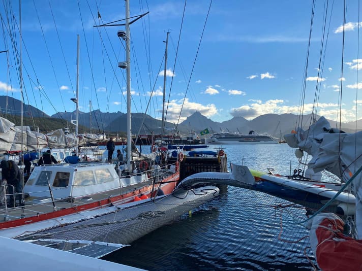   The trimaran "Use it again!" in the Argentinian harbour of Ushuaia