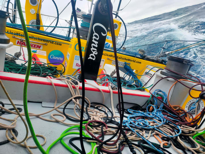   Roaring Forties. The tangled lines and the sloping position give an idea of how challenging sailing in the high southern latitudes can be