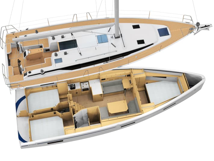 The 3D view shows the balanced distribution of space and the spaciousness of the living and sleeping areas.