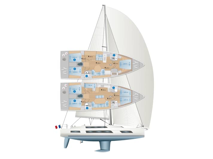 L'énorme volume de la coque permet une grande diversité dans l'aménagement de l'intérieur. Il est possible de disposer de trois à cinq cabines doubles en combinaison avec jusqu'à quatre salles d'eau. Et la diversité est également de mise pour le salon.
