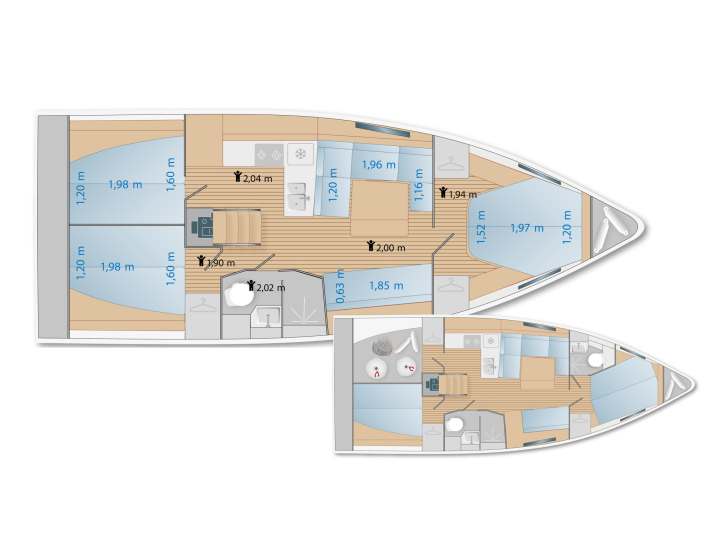 Couchette avec compromis : la couchette à l'avant du bateau est disposée en îlot. Cela présente des avantages, mais au détriment des dimensions de la couchette.