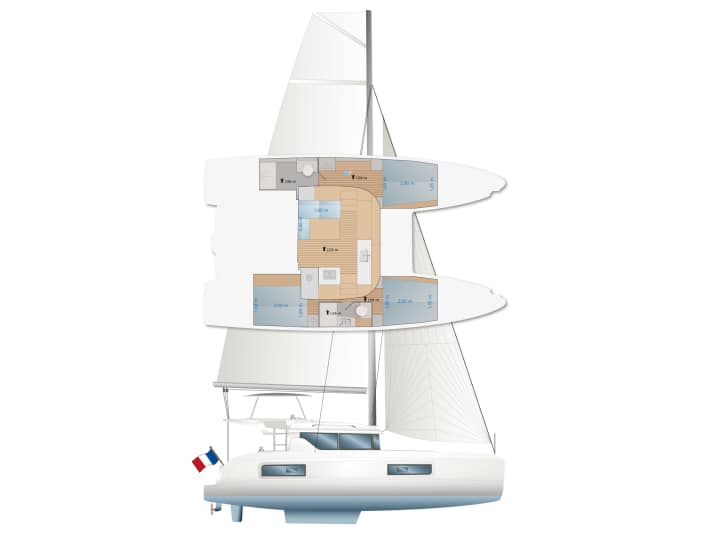 Layouts with three or four cabins are possible: the owners choose the layout with three cabins and two bathrooms. For use as a charter boat, the cat is equipped with a total of four cabins. However, there is still a toilet room with a shower on each side. In the three-cabin configuration, the owner's bathroom with shower is installed aft. Sleeping is forward. The square-top mainsail has 5.5 square metres more surface area than the standard sail. The self-tacking jib is standard. An overlapping genoa for more performance upwind is also not available as an option.