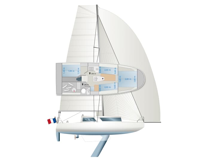 Everything you need for touring sailing: Four berths, storage space, a wet room and a small galley are available. The rig is positioned far aft in the boat. The genoa remains correspondingly large.