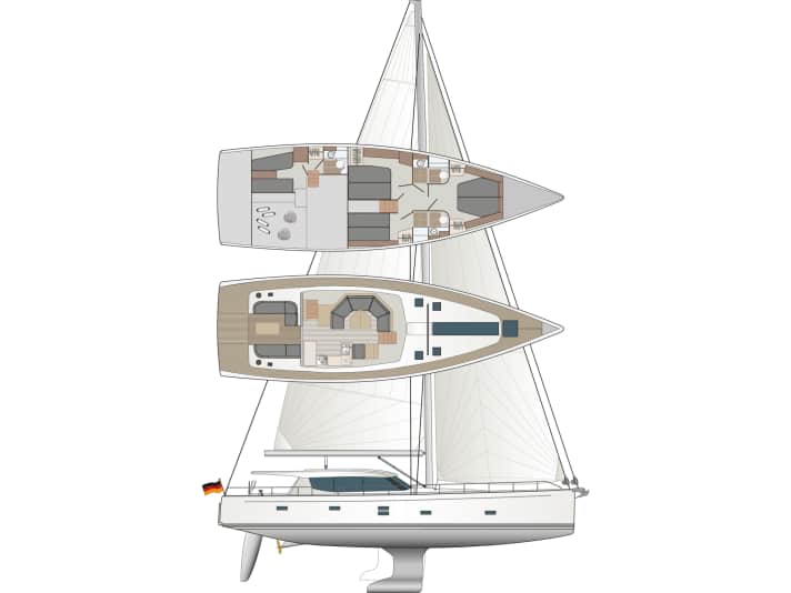 Un vero e proprio deck saloon yacht: gli interni si estendono su due livelli.