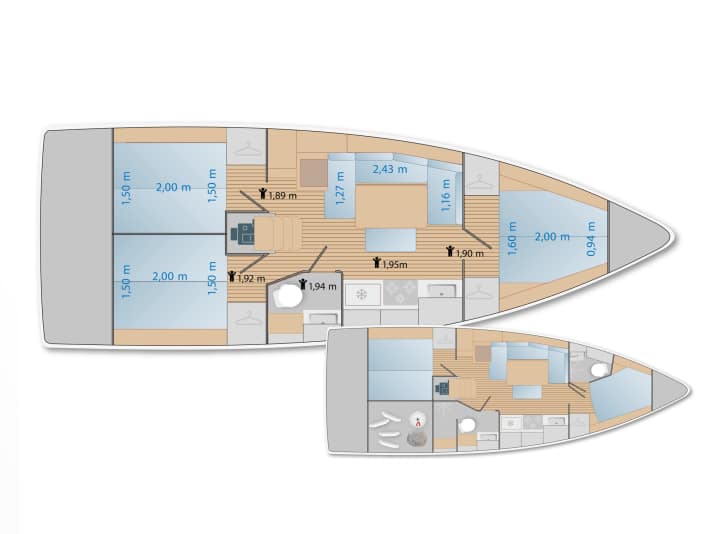 Flexible aft extension: If only one cabin is installed in the stern, the longitudinal bulkhead is moved sideways. The berth then becomes larger.