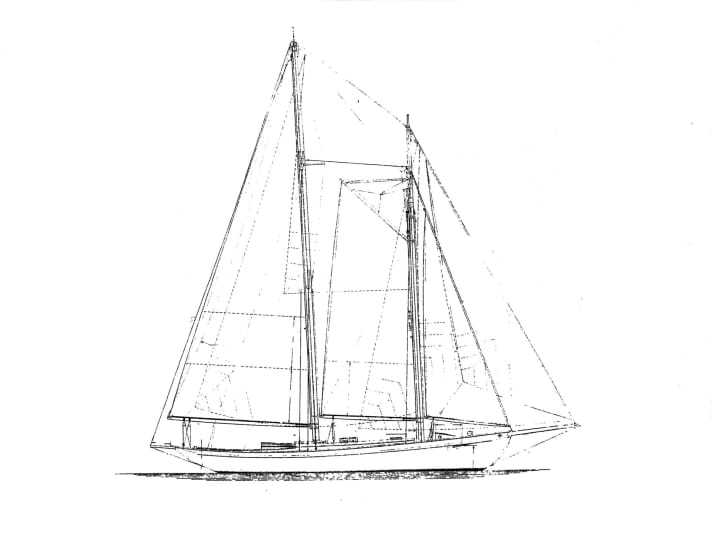 des albums photos du propriétaire du BeBo "Enchantress II" via Stefan Schorr, 2021 deux photos de la construction, deux du bateau précédent "Enchantress" (coulé au large du Groenland) et une déchirure de voile du BeBo.