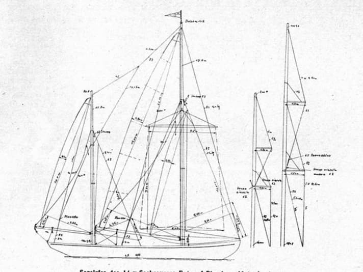 Der Riss der „Sowietasgoht V“: 14 Meter lang, 12 Tonnen schwer, 86 m² Segelfläche am Wind