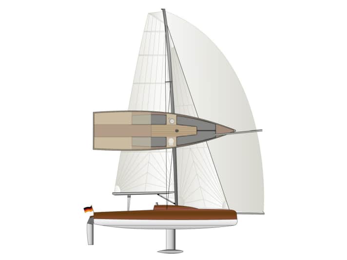 The hull’s silhouette is clearly reminiscent of the float on a multihull, whilst the cabin superstructure is barely noticeable.