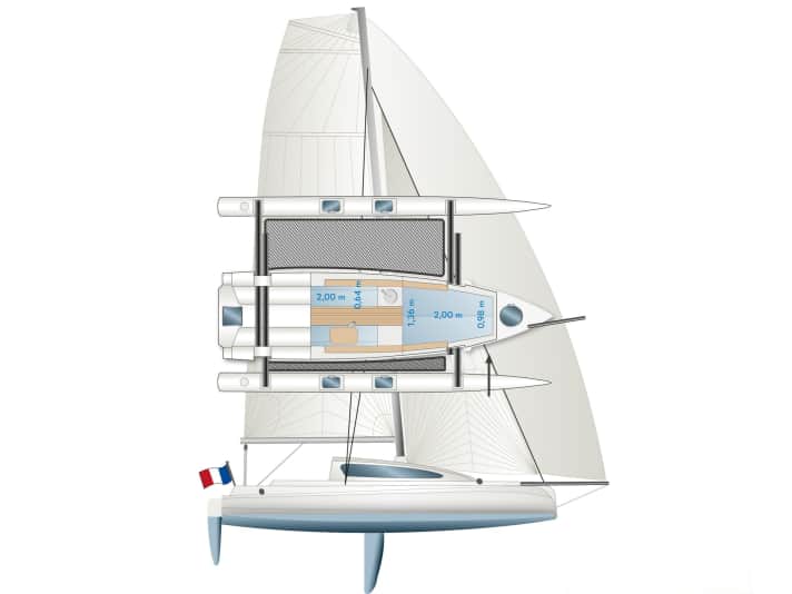 Slim hulls, but liveable: up to four people can stay overnight below deck. The foredeck sleeps two.