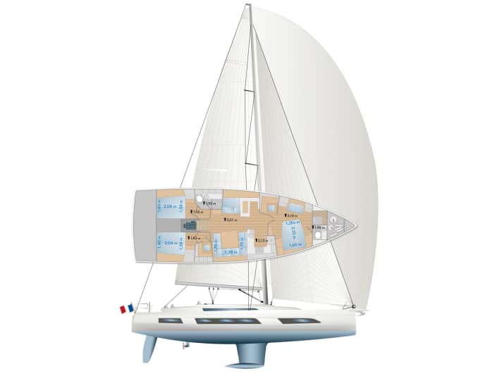 The self-tacking jib is standard. A larger genoa with 107 per cent overlap is available as an option. The main boom is set very low at the front of the standard mast. This makes it easier to stow the sails in the lazy bags. Despite the wide stern, there is still only a single rudder blade. It is mounted quite far below the hull. The cast-iron 
L-shaped keel with a protruding ballast bulb is available in two draughts.