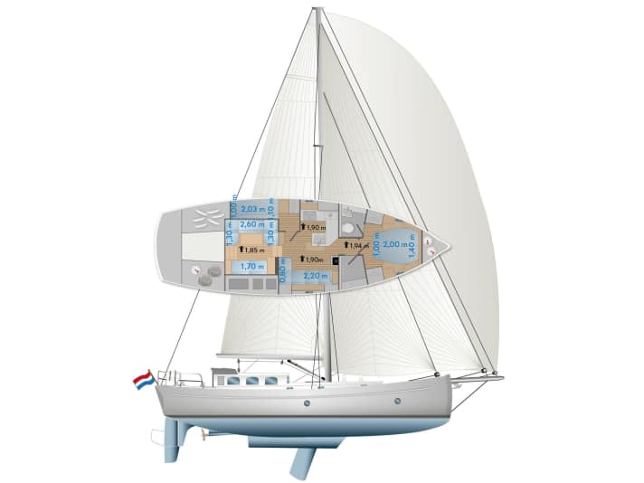 The advantage of the aluminium construction is that the interior fit-out can be customised to the owner’s specifications. Almost anything is possible. Cutter rig: The sail plan includes two furling headsails, a genoa and a jib.