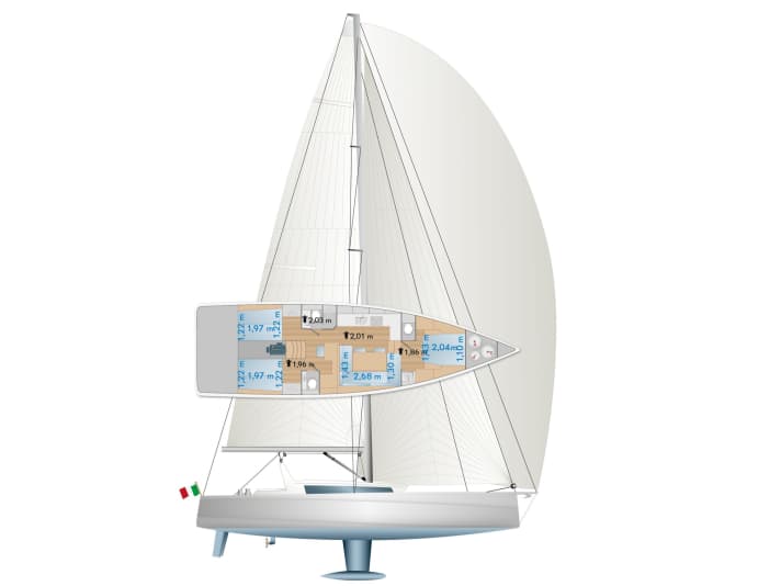 One rig, one hull, three cabin layouts: there is no variation in the hull, but the optional dodger and equipment rack offer greater functionality. Stem has developed three interior layout options, but is also open to special requests. Choice of headsail: the genoa is standard and barely smaller than the Code Zero. The self-tacking staysail, on the other hand, seems almost essential.