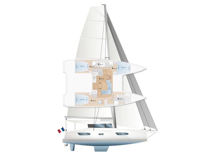 Sono possibili tre o quattro cabine: Gli armatori scelgono la versione a tre cabine con una zona giorno a tutta lunghezza e un grande bagno nello scafo di dritta. Quattro cabine doppie possono essere dotate di quattro teste con doccia separata.