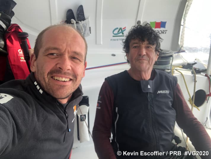   For the moment, they can enjoy the good feeling of togetherness on board: the rescued Kevin Escoffier (left) and rescuer Jean Le Cam ("Yes We Cam")