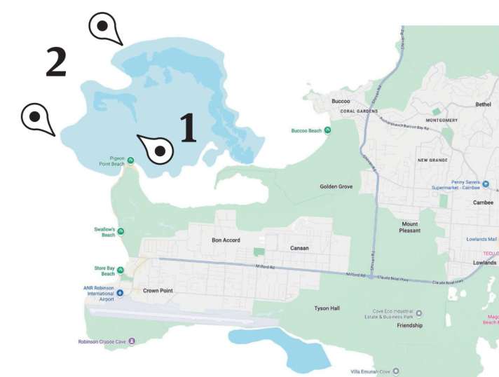 The approximately 2.5 x 1 kilometre lagoon (1) at Pigeon Point is shielded from the waves of the Atlantic by a reef belt (2).