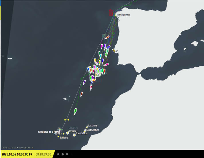   The update from Wednesday, 6 October at 10 am. Melwin Fink (green) is in the lead, followed by Christian Kargl (brown). Then the chasing pack follows with Hugo Dhallenne and Julie Simon in the lead.
