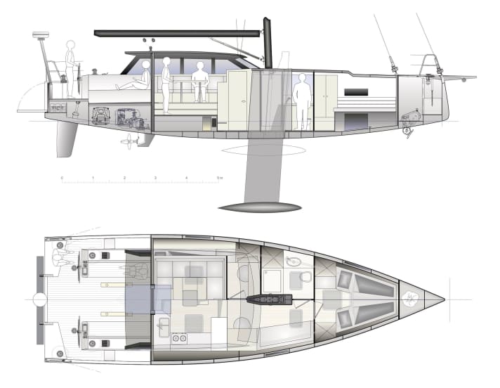 Der Wohnraum endet am Niedergangsschott | Illustration: Berckemeyer Yachtdesign