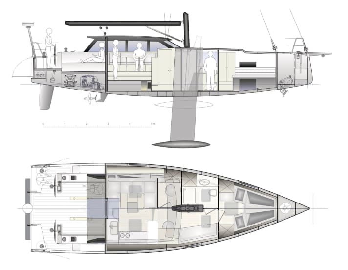 The living space ends at the companionway bulkhead | Illustration: Berckemeyer Yachtdesign