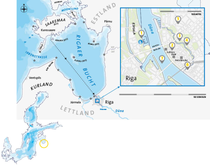 Die Karte zeigt die Rigaer Bucht mit Estland, zu dem sämtliche Inseln gehören, im Norden und Lettland im Süden. Auf dem Ausschnitt mit dem Zentrum Rigas sind alle unten aufgeführten Orte zu finden | Karte: Christian Tiedt