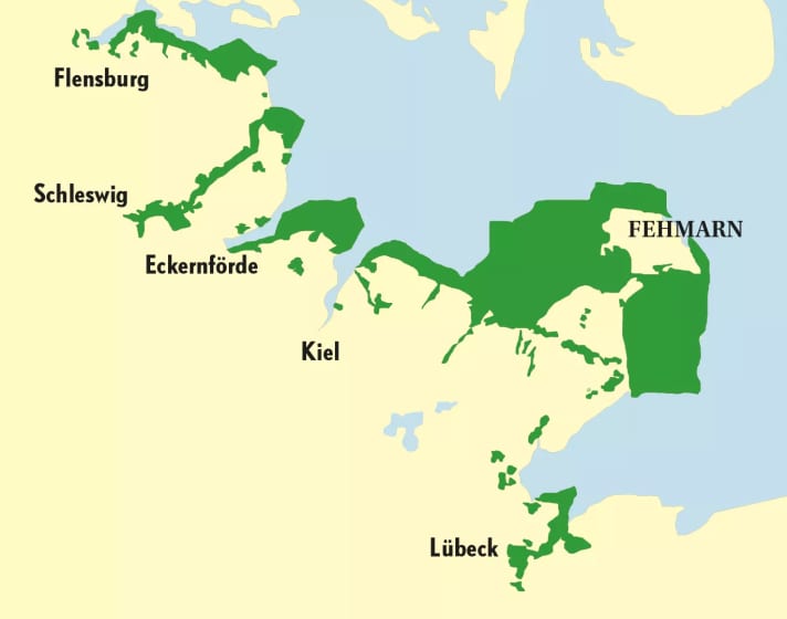 Die dunklen Flächen zeigen bereits in irgendeiner Art geschützte Gebiete, die zum National­park wer­den könnten. Die Daten hat die SHZ veröffentlicht 