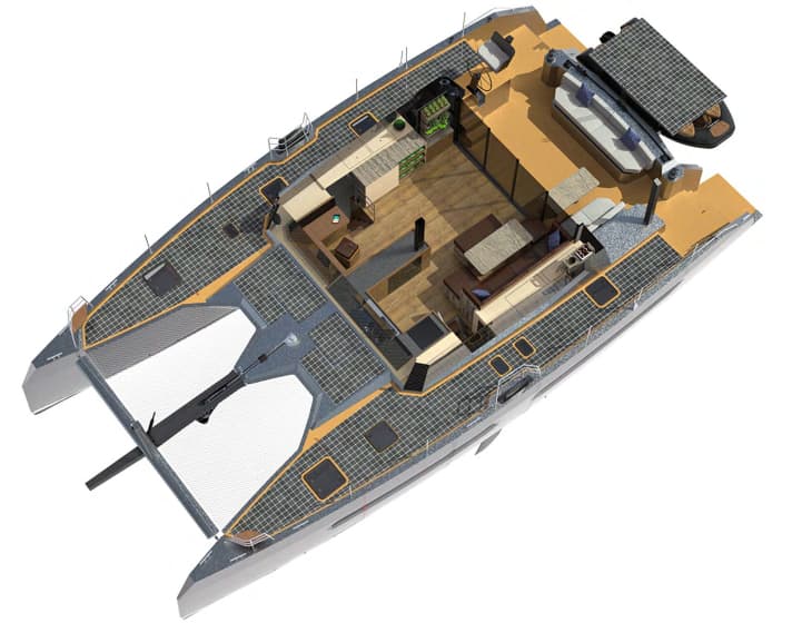 Hard shell, soft core: unpainted aluminium and clear edges give the cat a striking look. The deck is to be fully equipped with solar panels, as are the davits and parts of the main. There will be space inside and outside for working. Cork is used for insulation