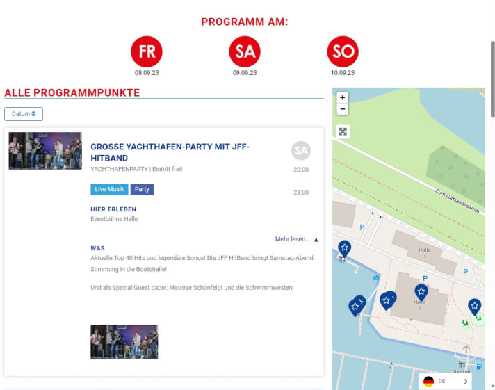 The screenshot above is from the programme section of the Yacht Festival website: If you move the mouse pointer over the programme item "Big harbour party with JFF hit band", for example, you will see a bouncing marker on the adjacent map. No matter which boat, which exhibitor, which programme item - the moving digital pointer always reveals the respective location. A function that is not available on any other German boat show website - only at <a href="https://www.yachtfestival.de/" target="_blank" rel="noopener noreferrer">Yachtfestival.de</a>