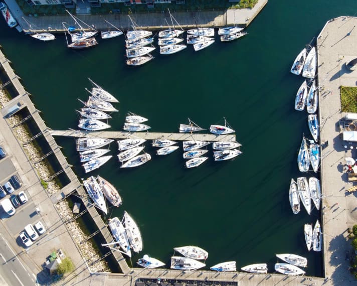   A sporting sight even from a bird's eye view: Nyborg's inland harbour with Vegvisir Race participants