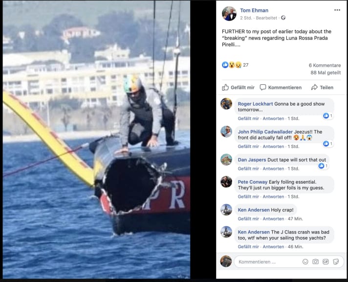   "Luna Rossa" mit Loch im Bug – so zeigte sie Sailing-Illustrated-Macher Tom Ehman