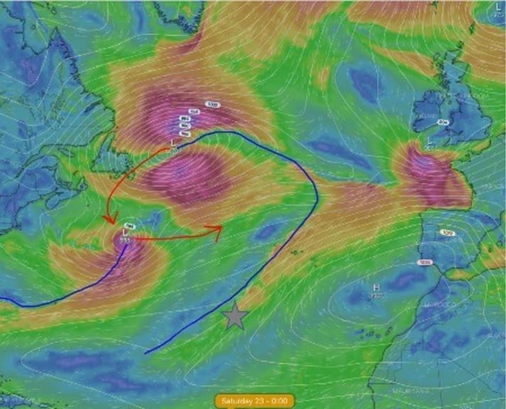   Preview for 23 January, 1 a.m. German time: The interaction between the low pressure systems. They will quickly merge and create a much larger area of low pressure. The grey star marks the positions of the leading boats at that time. You can see that they are just getting the wind from the cold front bringing the low pressure area east of Newfoundland