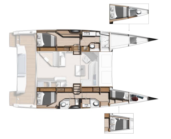 Cet agencement à trois cabines du bateau test est l'une des quatre options disponibles