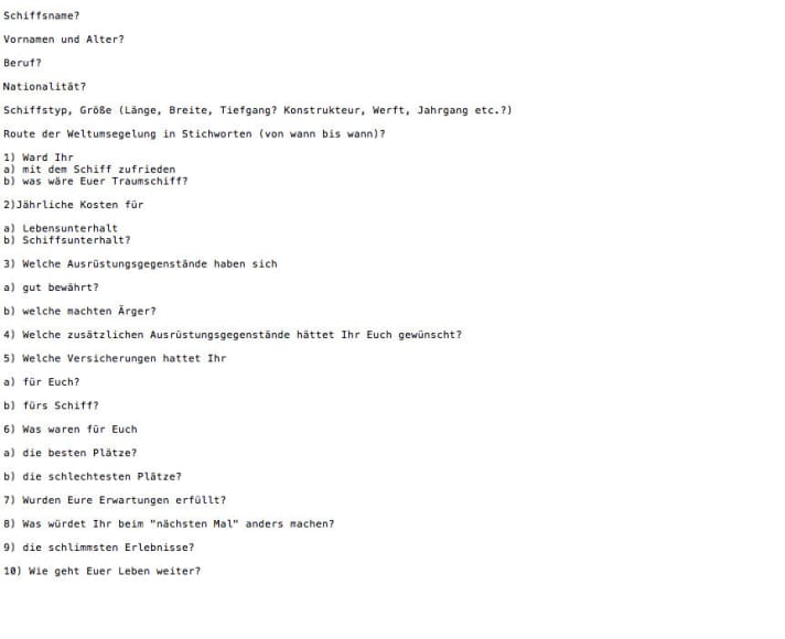   Diese zehn Fragen haben die Segler aus Schenks "Who's who im Weltumsegeln" beantwortet
