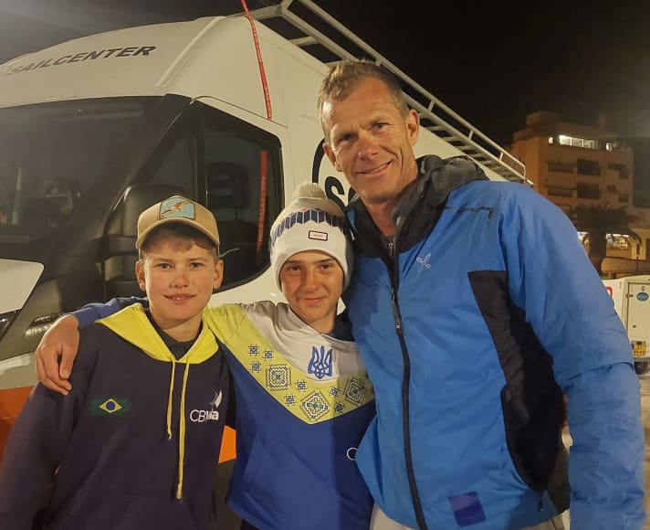   Double Olympic champion Robert Scheidt and the talented youngsters at the Palamos Optimist Trophy in Spain in February: son Erik (left) and Oskar Madonich