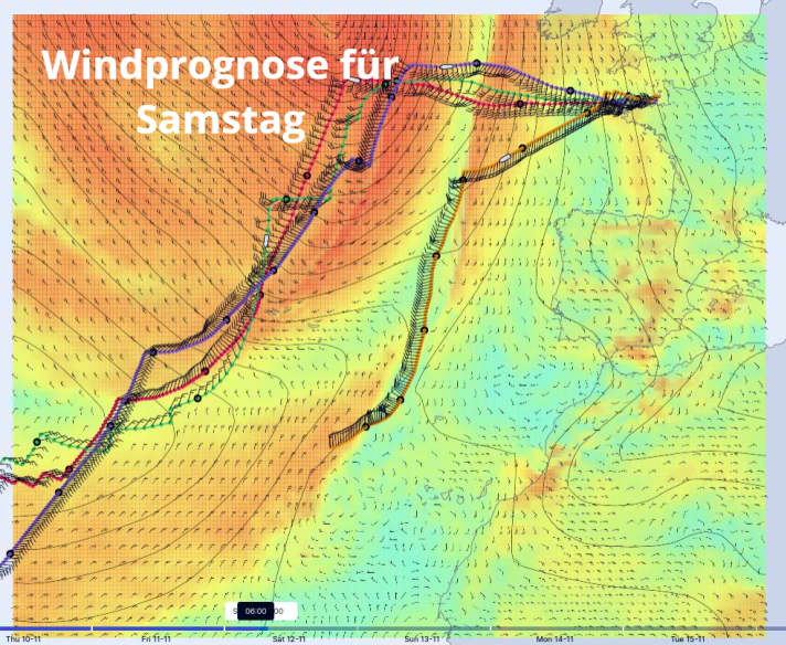 Samedi, la plupart des bateaux passent le deuxième front de gros temps. Couleurs et classes de bateaux comme sur l'image ci-dessus