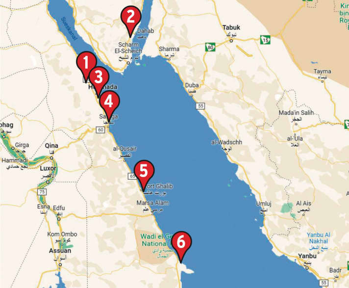 1. Hurghada; 2. Dahab; Abu Soma; 4. Safaga; 5. El Naaba; 6. Lahamii Bay