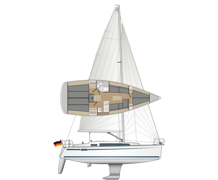 Il Bavaria più piccolo è disponibile anche con una sola cabina a poppa, un ampio pozzetto e una cella umida più grande.