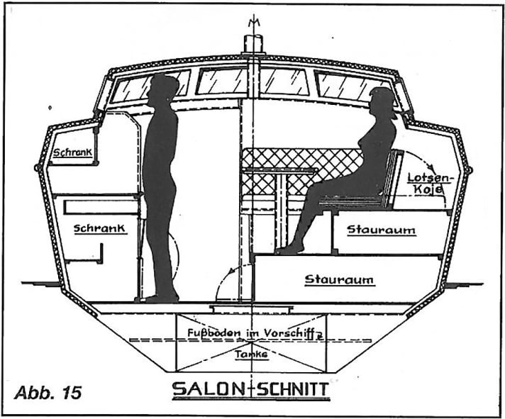   Insight into the construction plans: One feature of the deck saloon series is the raised seating area. The designer repeatedly emphasised that the crew would not have to sit "in the basement" this way