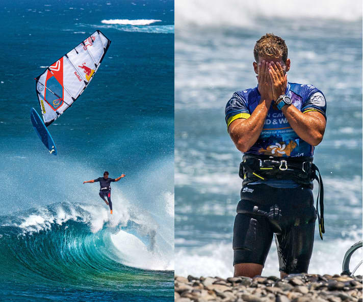 Wer seine Grenzen verschiebt, landet manchmal hart: Profis wie Ricardo Campello (rechts) und Philip Köster wissen das genau. | Foto links: Manca Notar - Foto rechts: John Carter/PWAWORLDTOUR