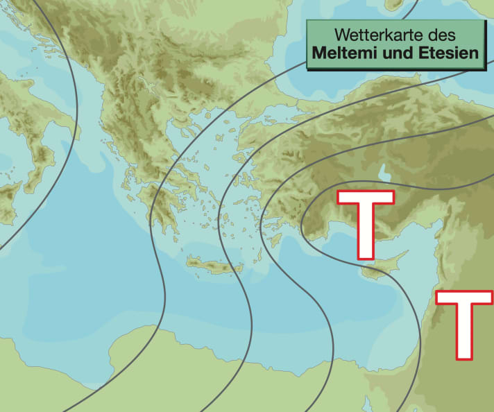 Wetterkarte Meltemi und Etesien