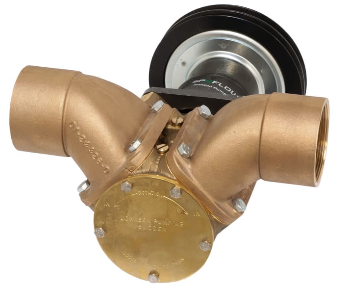 Johnson pumps with high flow rate and electromagnetic clutch for particularly heavy-duty use A pump with electromagnetic clutch gives you the power you need at the touch of a button, without having to be at the pump. In conjunction with a vacuum switch (recommended for use as a bilge pump), the clutch disengages automatically as soon as the pump draws in air, preventing the pump from running dry and causing damage. Automatically controlled pumps are available in sizes 1" to 2 ½" (20 l/min to 625 l/min). Coupling 12 V or 24 V. Wear parts can be easily replaced and service kits are available for all standard models. Vacuum switch available as an accessory, see page 45. Coupling must be ordered separately.Technical data: Pump housing: Bronze Connection for vacuum switch Shaft: Stainless steel Shaft with permanently lubricated double ball bearings Seal: Mechanical seal Cam: Full or partial comb Connection: 2½" BSP Coupling: Electromagnetic 12/24 V DC Pulley: 2xA or 1xB groove Pulley Ø: 178 mm / 7" Impeller: 09-820B Weight: 21 kg - 46 Ibs Dimensions Length: 358 mm - 14.09" Height: 246/295 mm - 9.68"/11.61" Width: 226/201 mm - 8.89"/7.91"