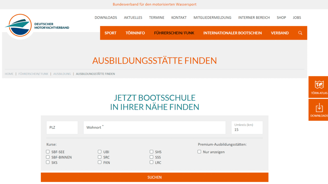 Boat licence: New search function for training centres at the DMYV