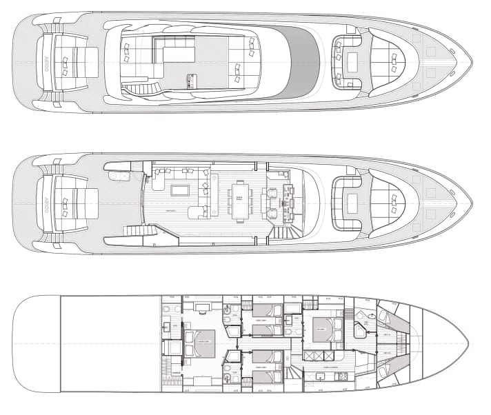 Klassische Raumaufteilung: Eignerpaar, VIPs und vier Gäste wohnen auf dem Unterdeck. Das Crewquartett übernachtet im Bug vor der Galley | Abbildung: BEX
