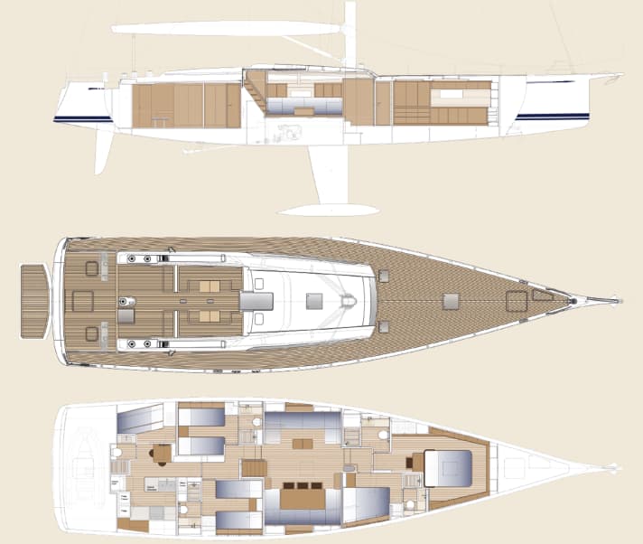 Layout variabile: qui con la suite armatoriale a prua e gli alloggi dell'equipaggio a poppa. Nella variante due si scambiano le posizioni, gli ospiti rimangono al centro.