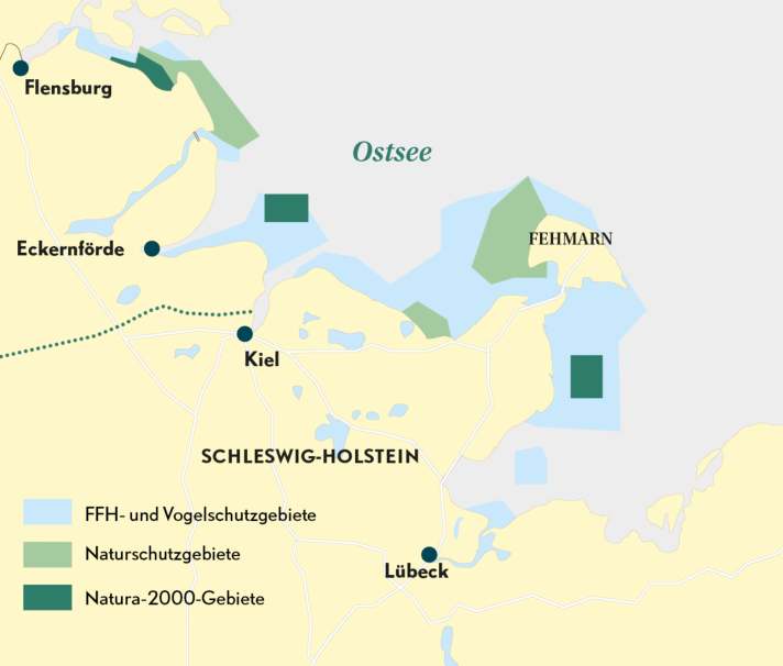 Maggiore protezione dell'ambiente marino attraverso zone di protezione aggiuntive: In particolare, il 12,5% del Mar Baltico dello Schleswig-Holstein sarà protetto in modo più rigoroso. A questo scopo sono previste tre nuove riserve naturali marine. Inoltre, verrà aumentato lo stato di protezione di tre delle aree Natura 2000 esistenti.