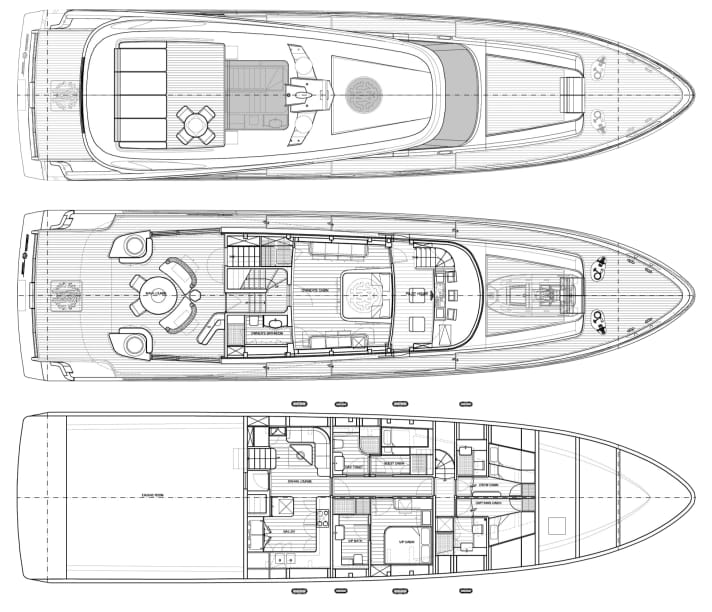 Wohnkeil: Das Hauptdeck ist Eignerareal mit Option auf exklusiven Flybridge-Zugang. Auf dem Unterdeck schlafen maximal vier Gäste | Abbildung: BEX