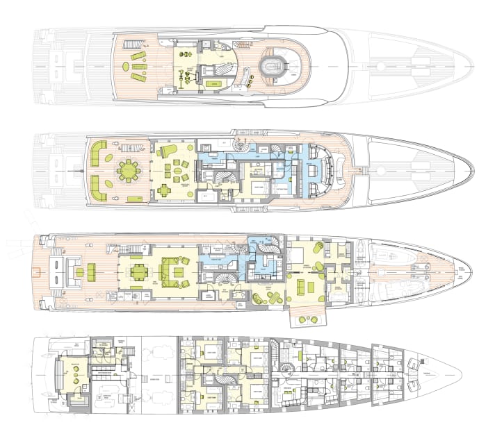 Familienyacht: Der Eigner bewohnt das vordere Hauptdeck. Ein Deck tiefer schlafen acht Gäste, auf dem Brückendeck zwei weitere und der Kapitän | Zeichnung: jsan05
