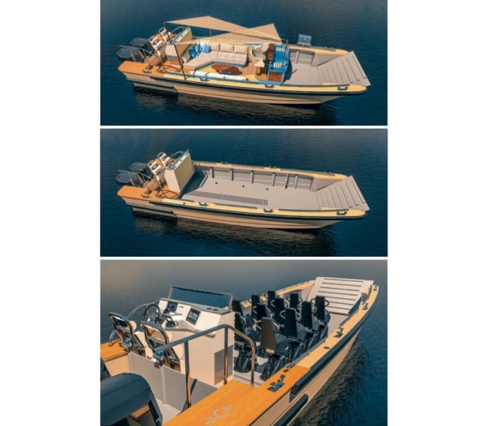 "Modular Tender": Cockwells' beach club version includes a barbecue and DJ booth, another element twelve jockey seats (bottom right). The "naked" version is ideal for use as a landing craft or car transporter. The necessary thrust is provided by two diesel outboards, each with 147 kilowatts of power. | g.