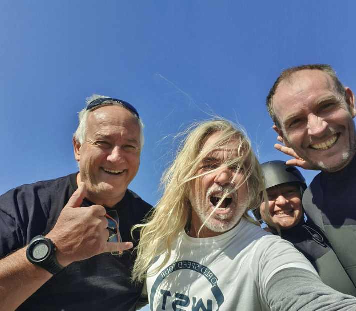 Legends among themselves: multiple world speed record holder Tierry Bielak, the Principe, Elene and Paul Larsen, pilot of the 65-knot record boat SailRocket2.